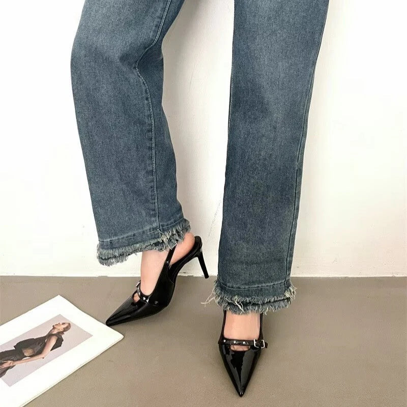 Voguable  Women Pumps Elegant Rivet Buckle Strap Pointed Toe Sandals Sexy Thin Heels Striptease Prom Mules Shoes voguable