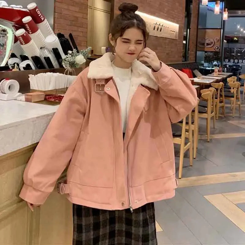 Winter Artificial Rabbit Warm Puffer Jacket Women Korean Loose Long Sleeve Lapel Parka Coats Solid Chic Plush All Match Outwear voguable