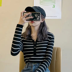 Voguable  Korean Fashion Stripe Knitted Tops Women Y2k Slim Fit Sweaters Mujer Early Autumn New Bottoming Pullovers voguable