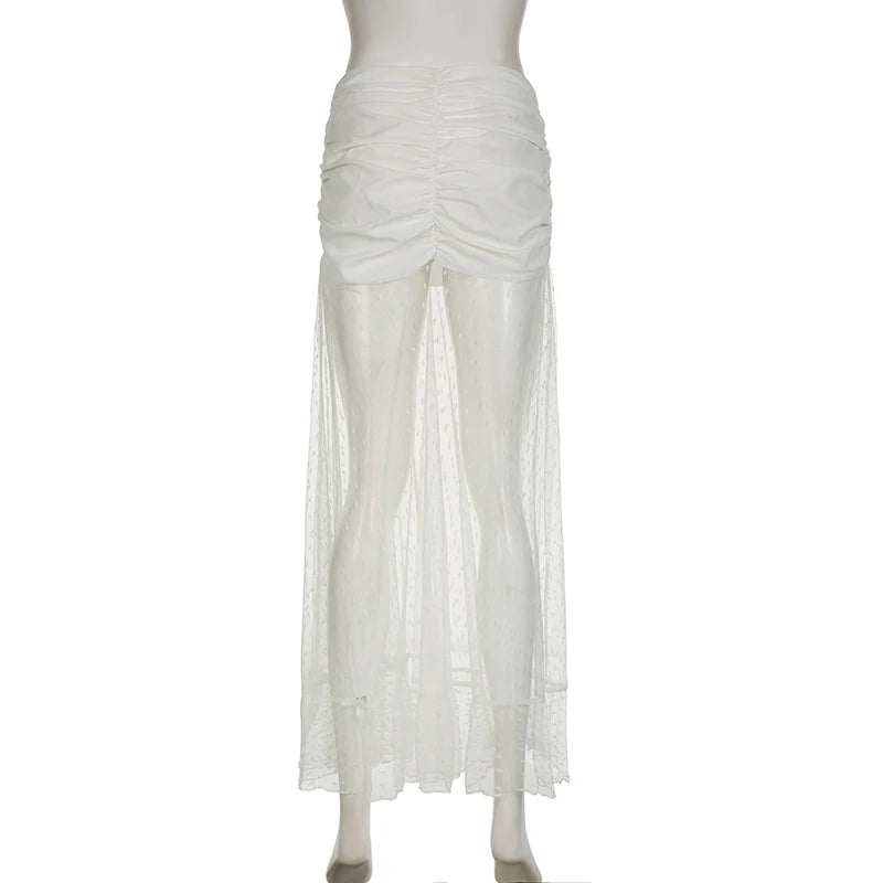 Voguable Sexy Pleated Drawstring  See Through Mesh Patchwork Long Skirt White Fairycore Aesthetic Ruffle-line Maxi Skirts Korean voguable