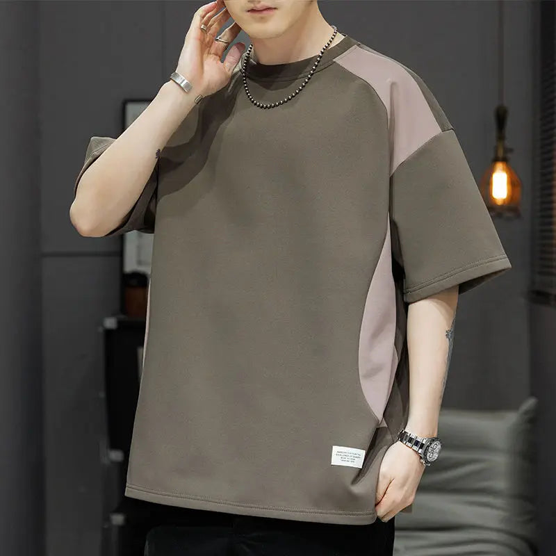 Voguable  Contrasted Color Splicing Short-sleeved T-shirt Men's Summer Two-piece Casual Loose Round Neck Pullover voguable