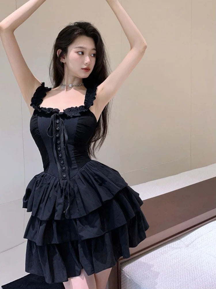 Voguable  Sexy Slip Lolita Style Black Dress Women Vintage Sleeveless Y2K Mini Dress Summer Slim Sweet Korean Lace Up Cake Dress New voguable