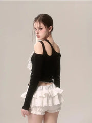Voguable Summer Women Lace Fake Two Piece Blouse Japanese Style Bow Kawaii Y2k T Shirt Spicy Girl Aesthetics Slim Fashion Tees Chic voguable