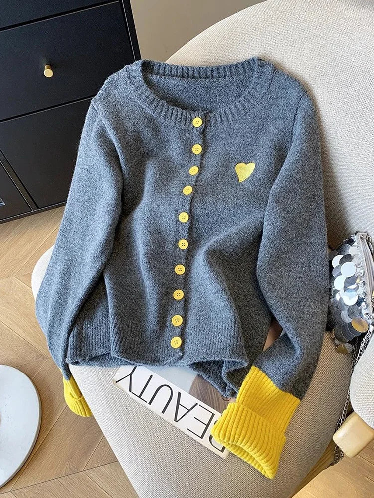 Vintage Love Print Cardigan Women Lazy Wind Patchwork Long Sleeve Knitted Sweaters Casual O Neck Fall Retro Korean Female Tops voguable