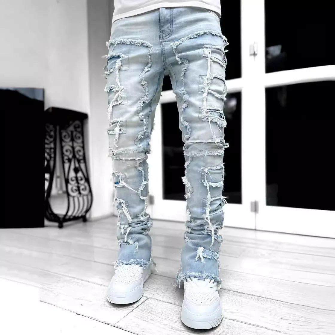 Voguable  New Men's Straight-Leg Jeans, Street Fashion Stretch Casual Jacquard Denim, Hip-Hop Street Style Jeans voguable