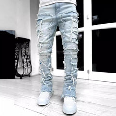 Voguable  New Men's Straight-Leg Jeans, Street Fashion Stretch Casual Jacquard Denim, Hip-Hop Street Style Jeans voguable