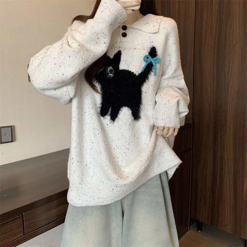 Cute Cartoon Bow Sweaters Women Loose Vintage Long Sleeve Kawaii Knitted Jumper Japan Casual Preppy Style Retro Pullovers voguable