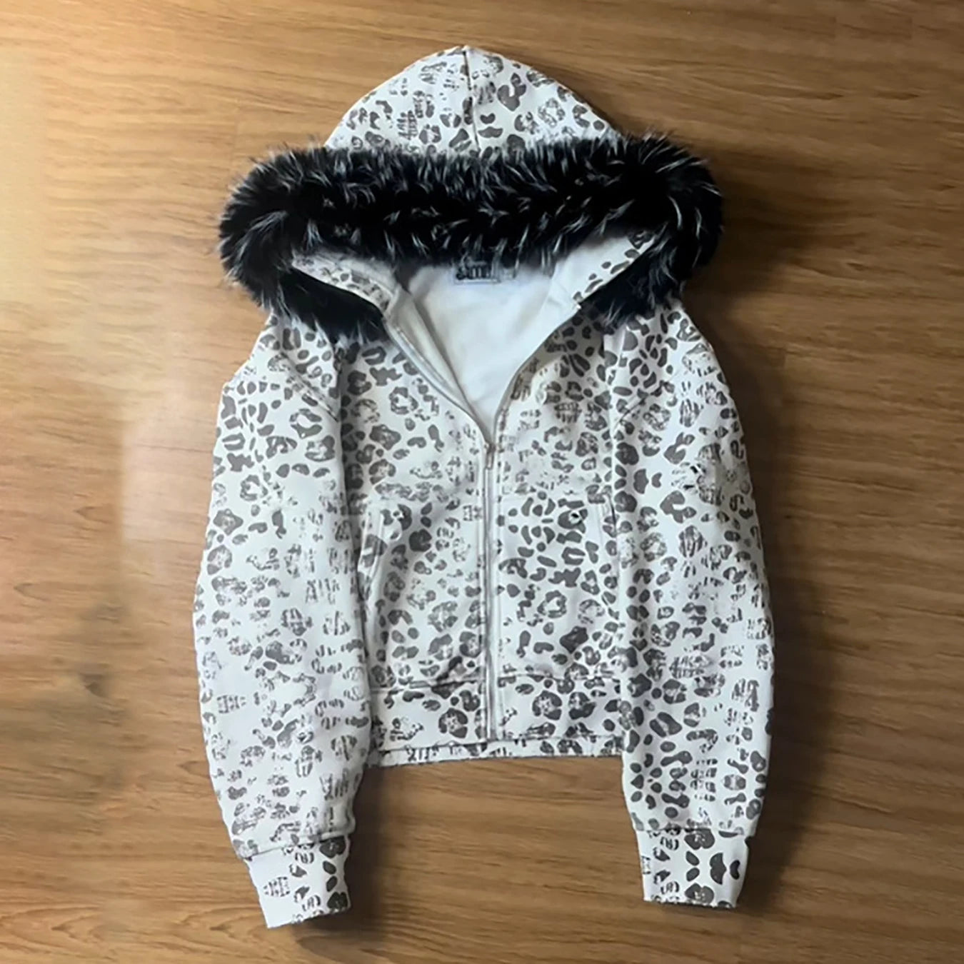 Voguable  Autumn and Winter Leopard Print Fur Collar Zipper Hoodie Y2K Retro Jacket Street Long Sleeved Hooded Sweatshirt voguable