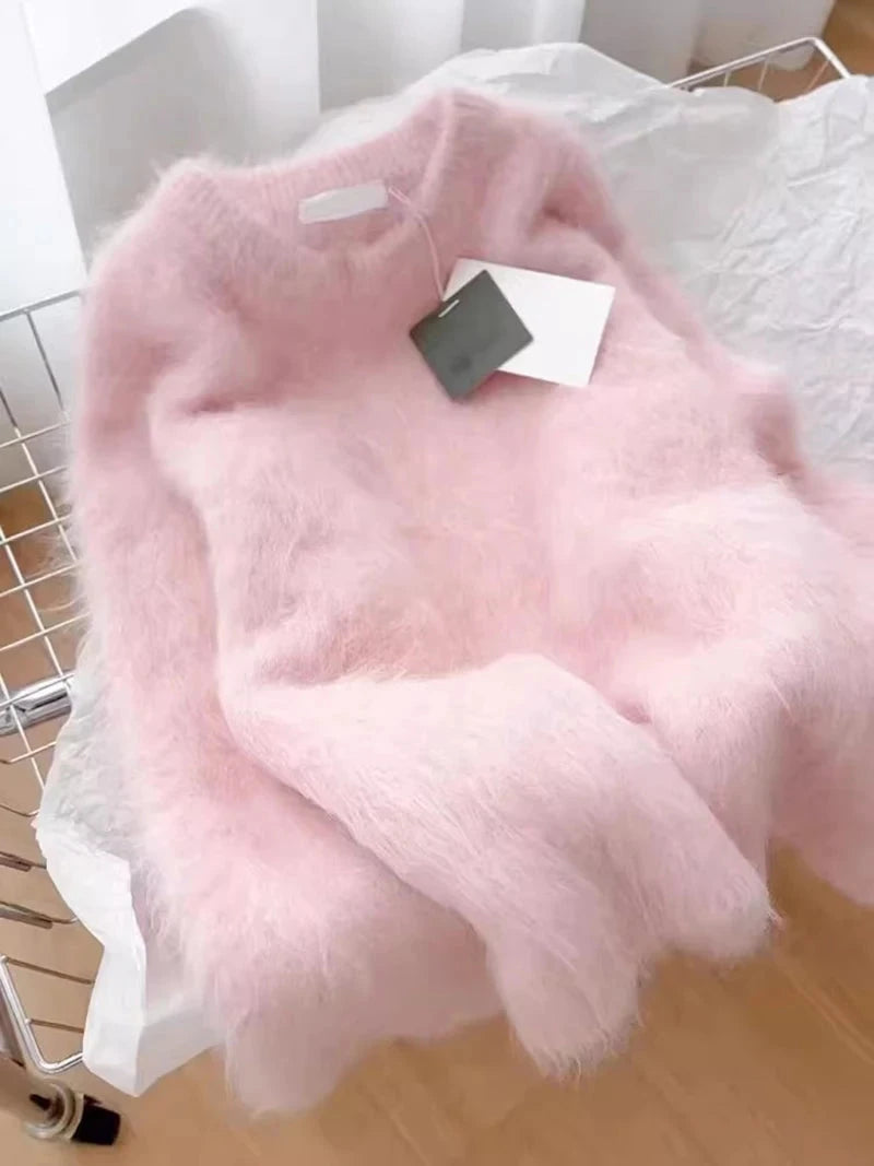 Sweet Elegant Pink Sweater Women Loose Faux Mink Cashmere Knitted Jumpers Soft Vintage Long Sleeve O Neck Japan Cute Tops voguable