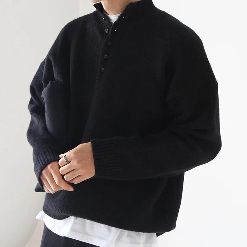 Autumn and Winter New Niche Knitted Sweater Men Stand-up Collar Button Solid Color Harajuku Mens Sweater Loose Casual Pullover voguable