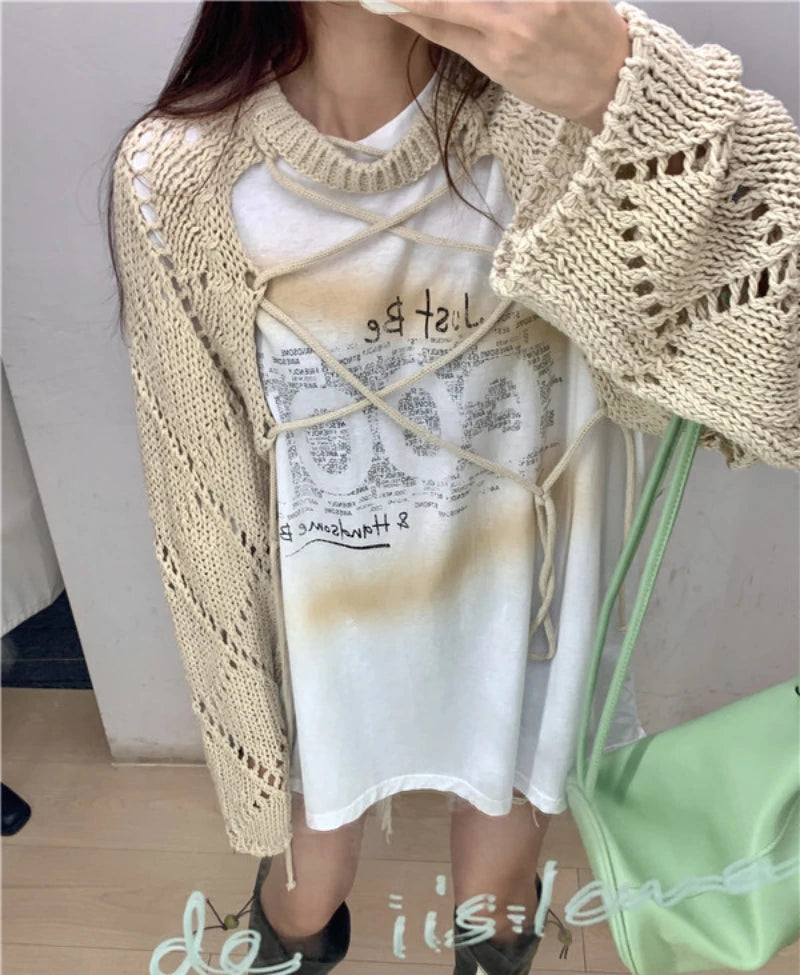 Voguable 2024 Summer New Letter Print Loose Casual Short Sleeve T-Shirt Women + Hollow Sunscreen Lace-Up Knit Sweater Two-piece Suit voguable
