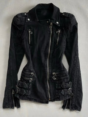 Voguable  Autumn Korean Vintage Black Slim Fit Spicy Girl Short Jacket with Gothic Metal Buckle Waist Closure Niche Design Versatile Top voguable