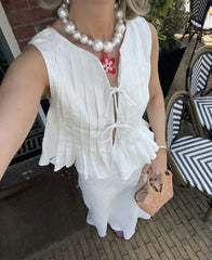 Fashion Bow Lace Up Shirts Women Cotton Linen Hollow Out Sleeveless Pleated Blouses Woman Summer New Casual Lady White Tops Pbong