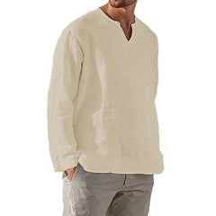 Men's Cotton Linen Shirt Cozy Solid Color Long Sleeve Breathable Tops V Neck Casual Blouse Hawaiian Shirt Lightweight Shirts voguable