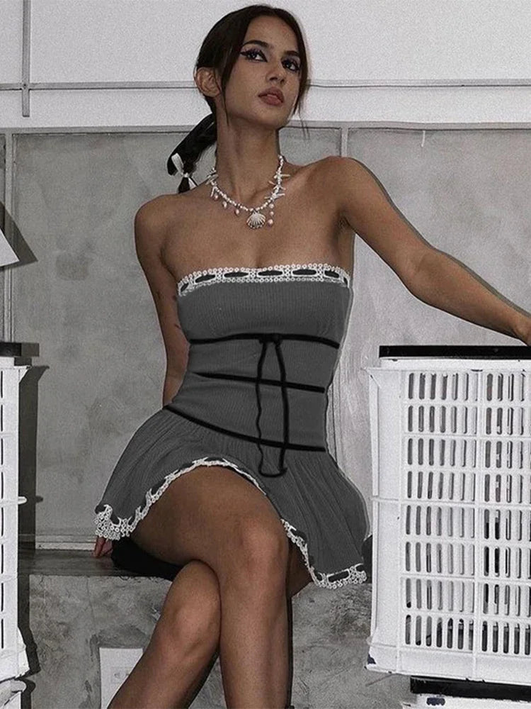 TARUXY Lace Splice Bodycon Dress For Women High Waist Slim Sexy Backless Robe De Femme Holiday Casual Fashion Folds Dresses 2024 voguable