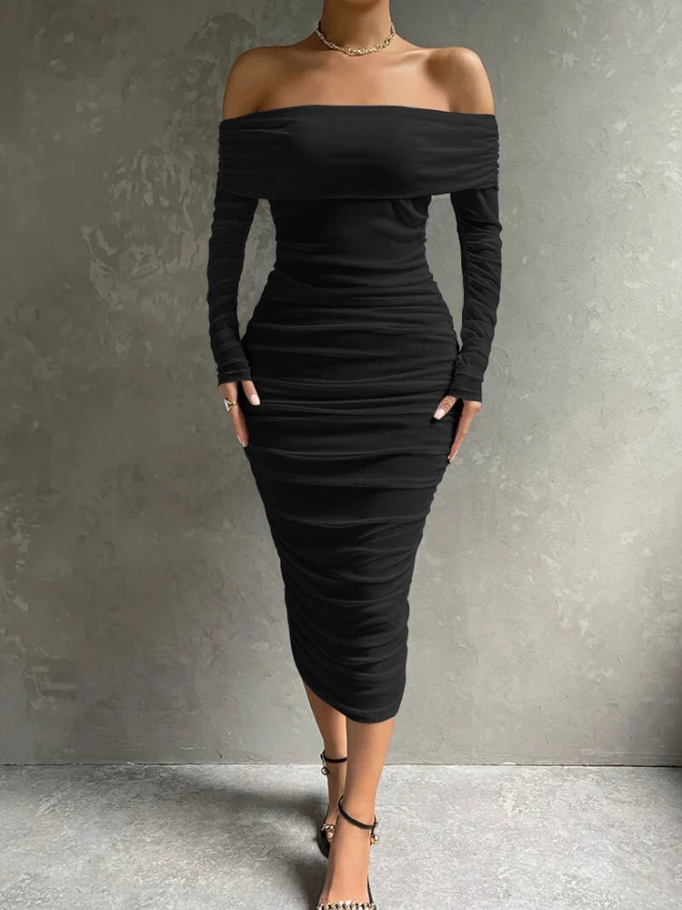 Voguable  Women's Long Sleeve Off-Shoulder Sexy Dress Solid Color Pleated Midi Slim Dress for Cocktail Party and Evening Wear voguable