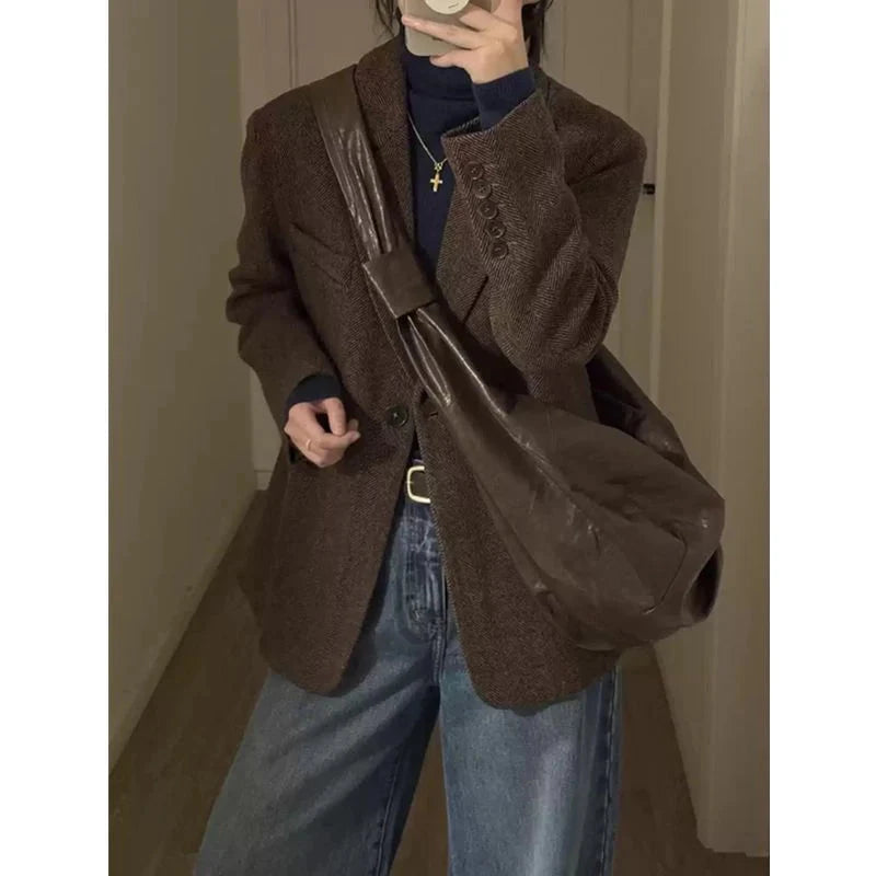 Retro Faux Woolen Blazer Coat Women Harajuku Long Sleeve Fall Winter Y2K Jacket Streetwear American Casual Lady Suit Coat voguable