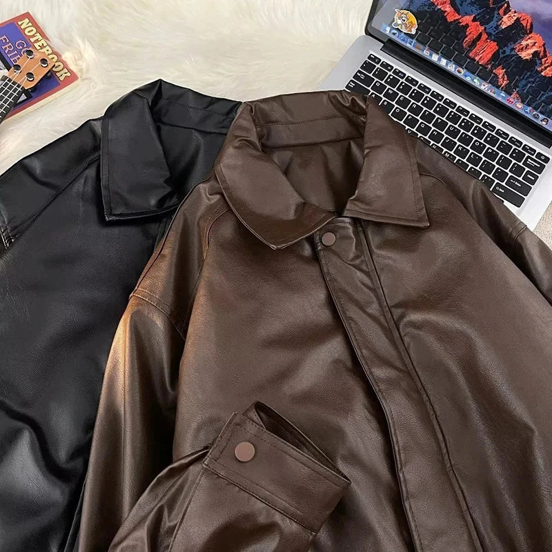 American Pu Leather Jackets Women Y2K Fashion Streetwear Zipper Moto Coats Bf Loose Lapel All-Match Punk Bomber Outerwear New voguable