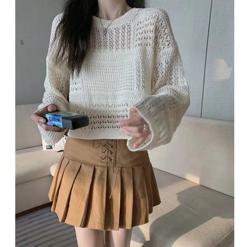 Long Sleeve Pointelle Knit Top Women Sheer Openwork Boxy-fit Crew Neck Pullovers Sweater Female Teen-girl Boho Vacation Outfit voguable