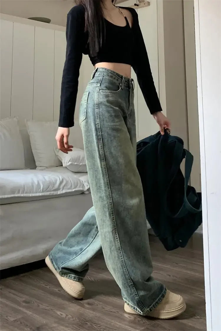 Vintage High-waisted Slimming Jeans American Style Casual Bell Bottoms Versatile Straight-leg Long Pants For Women voguable