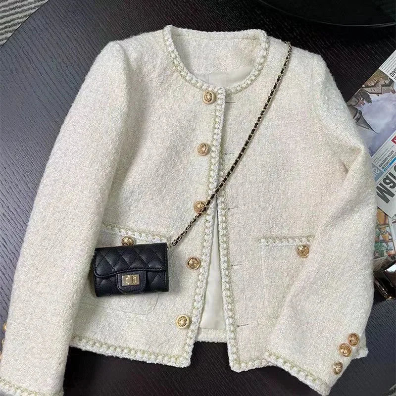 Chic White Tweed Jackets Women Korean Long Sleeve Sweet Coat Fashion O Neck Elegant Casual Female All Match Outwear Tops voguable