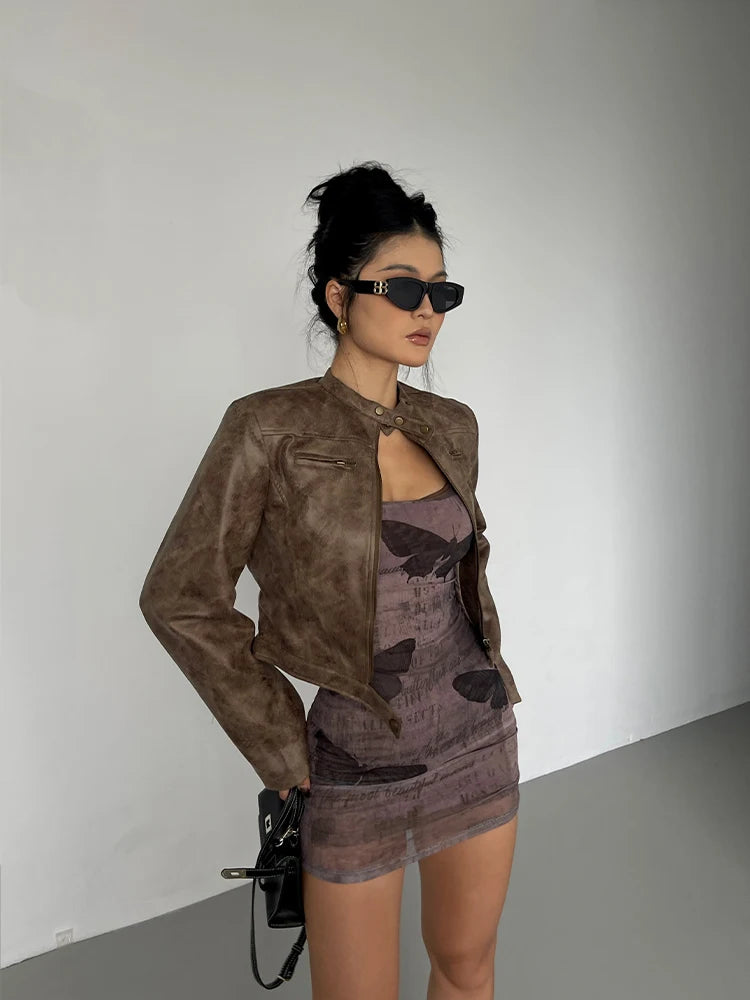 WOMENGAGA Stand Collar Jacket Leather Short Coat Women Autumn New Straight Tube Slim Short Motorcycle Jacket Korean Sweet D8FN voguable