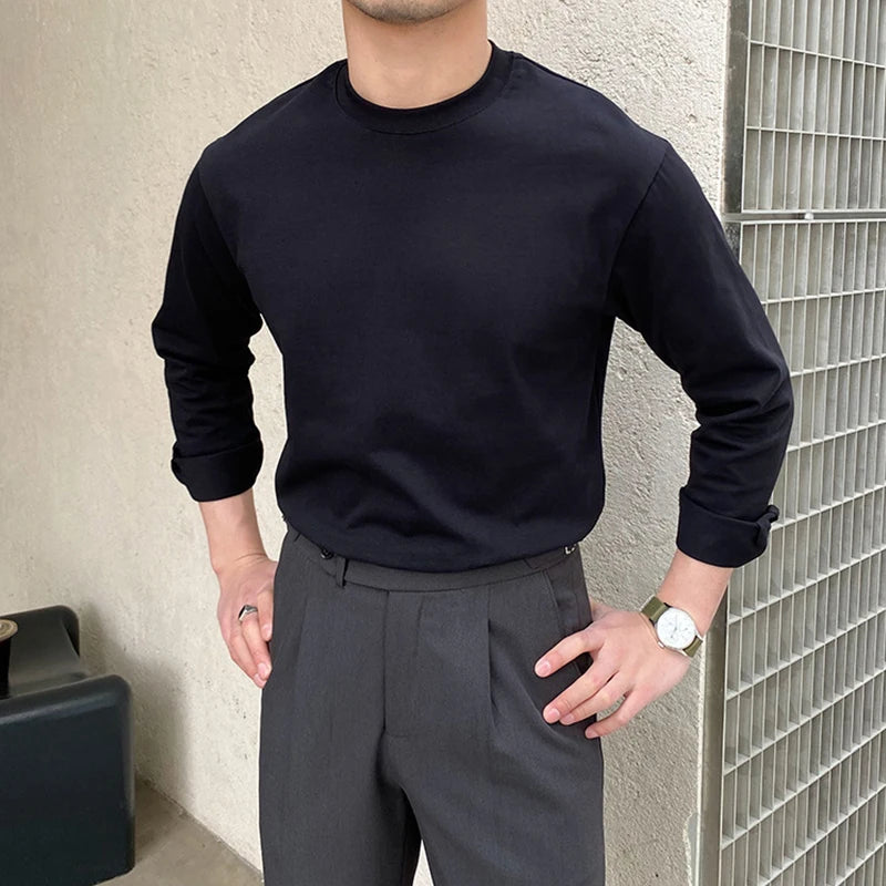 New Autumn Fashion Men T-shirt Light Luxury Solid Color Long Sleeve Tops Leisure Streetwear Casual O Neck Basic Shirts M-3XL voguable