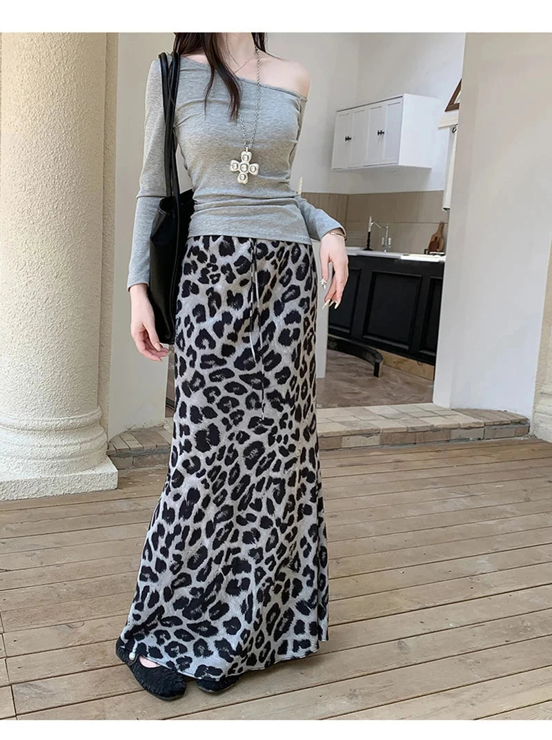 Sexy Slim Leopard Long Skirts Women High Waist Retro Streetwear Y2K Skirt Fall Casual Harajuku American Vintage Long Skirt voguable