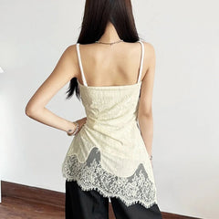 Lace Patchwork V-Neck Camis Women Y2K Summer Sexy Spaghetti Straps Sleeveless Tank Korean Fashion Irregular Female Vest voguable