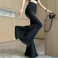 Y2K Vintage Raw Edge Flare Jeans Women Korean High Waist Slim Denim Pants Solid Hip Hop Streetwear All Match Wide Leg Trousers voguable