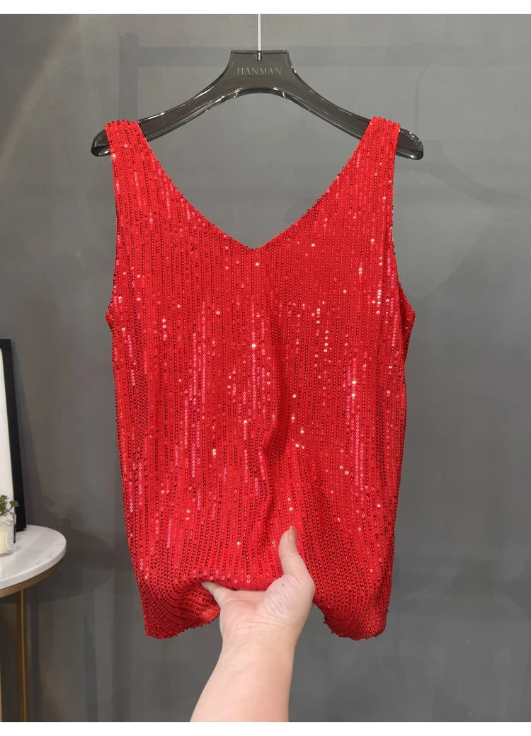 Voguable  New European and American Sequined V-neck Vest Worn Inside A Suit Bottoming Shirt and Worn Outside A Sparkling Top voguable