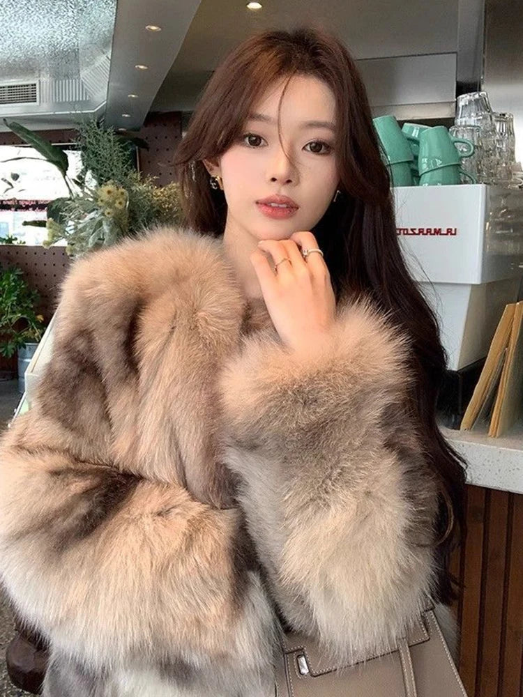 Slim Women Faux Fur Coat Long Sleeve Elegant Vintage Faux Fox Jacket Korean Retro Winter Warm Long Sleeve Female O Neck Tops New voguable