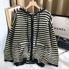 Autumn Winter Red Stripes Hooded Knit Cardigan Woman Korean Fashion Loose Casual Sweater Zipper Coat Oversized Long Sleeve Top voguable