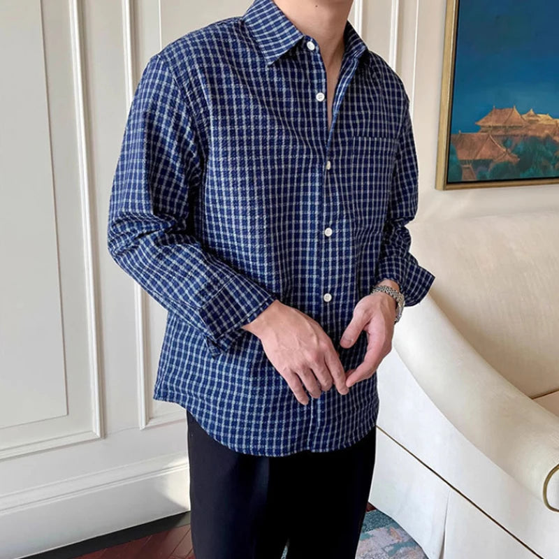 New American Retro Men Shirts Light Luxury Textured Lapel Plaid Long Sleeve Cardigan Leisure Trendy Premium Check Blouse M-2XL voguable