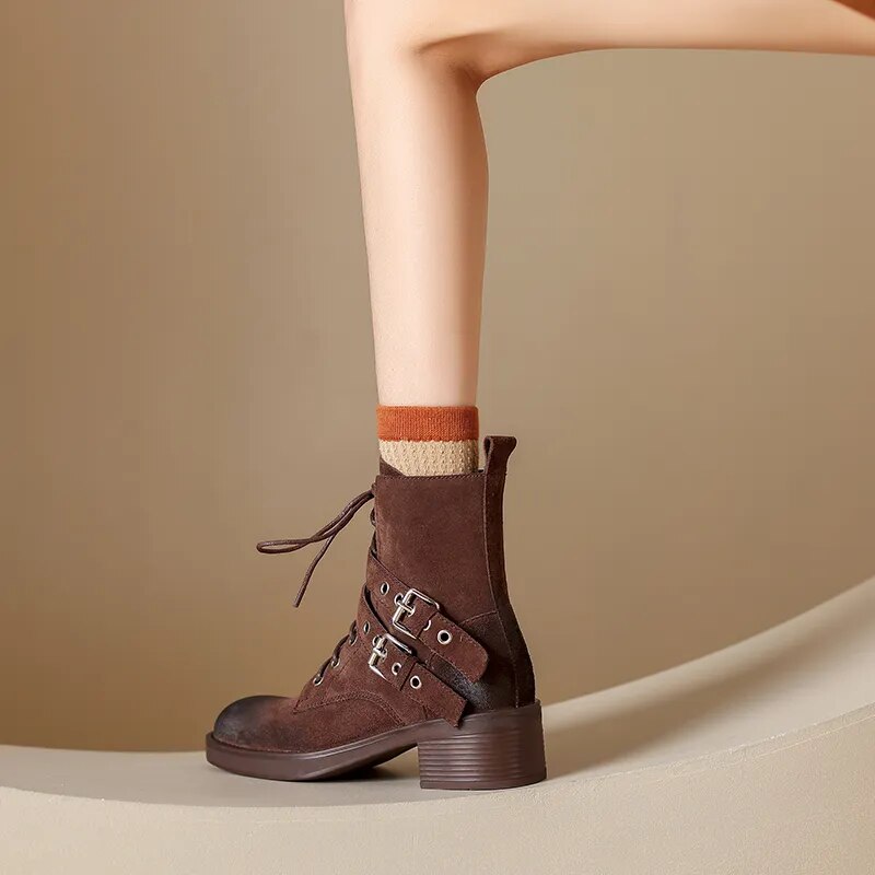 New Retro Lace-up Cow Suede Leather Women Ankle Boots Thick Heels Office Ladies Working Shoes Woman Winter Platform Shoes voguable