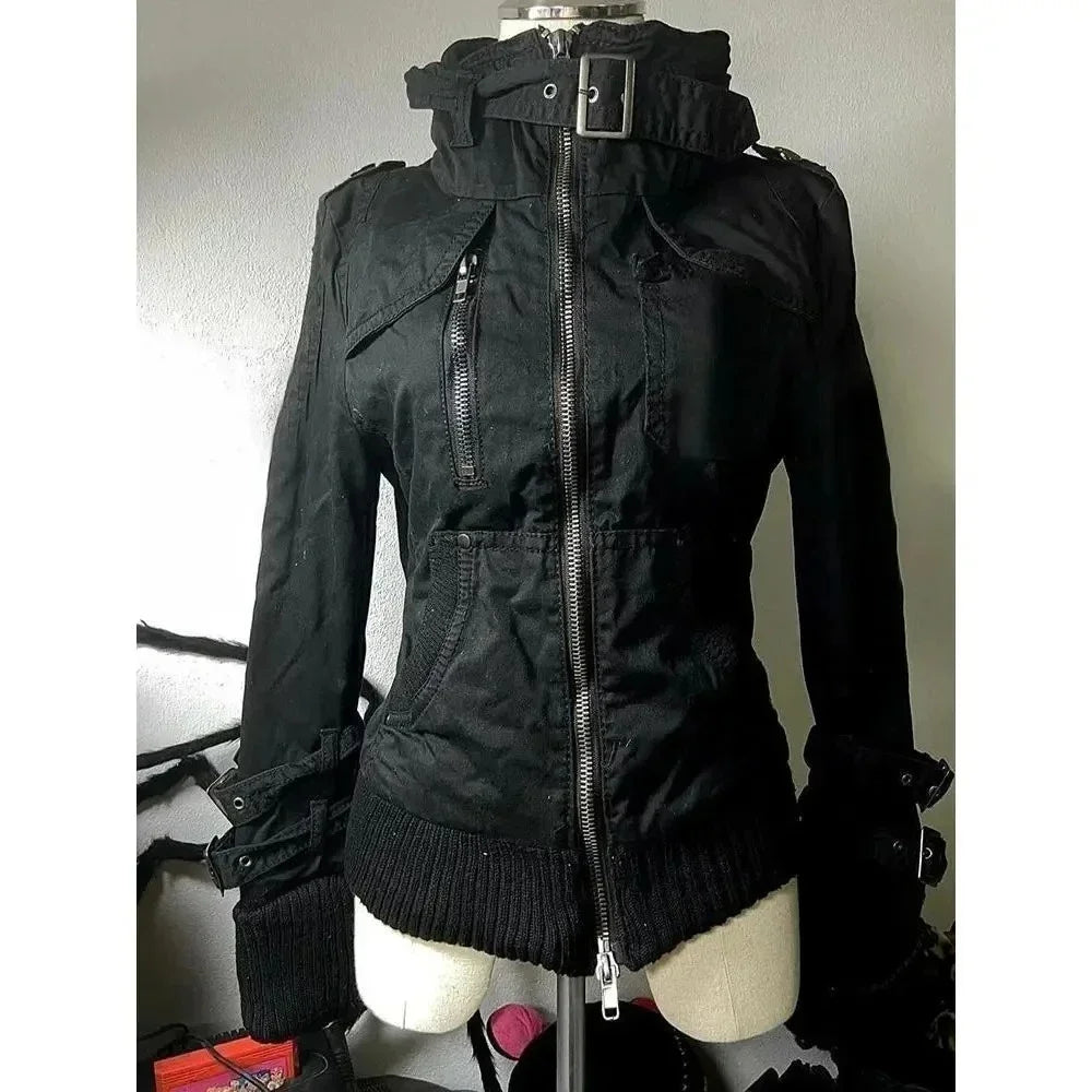 Voguable  WomenBlack Hooded Parka Jacket with Big Faux Fur Collar Gothic Metal Buckle Zip Up Slim Fit Winter Warm Coat Streetwear Y2K voguable