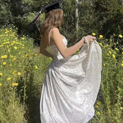 French Elegant Flower Prints Camis Dress Women Summer Sexy Spaghetti Strap A Line Dress Lady Fashion Slim Pleated Party Vestidos voguable