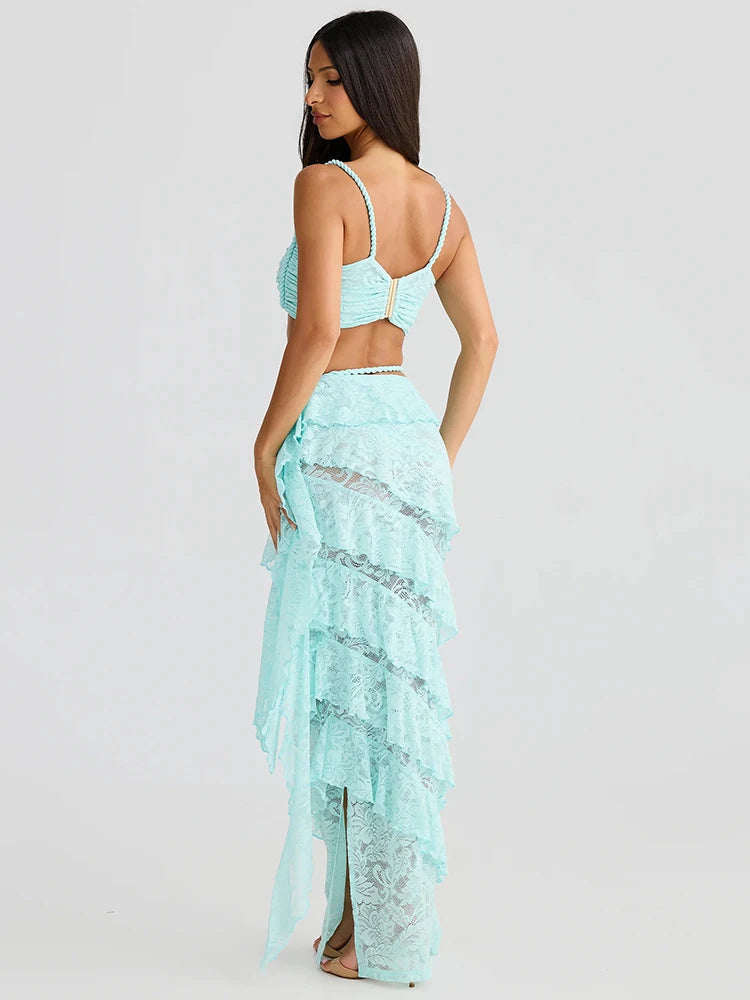 Summer Lace Sexy Two Piece Sets Women Fashion Strapless Crop Tops And Maxi Skirt Female Elegant Beach Party 2 Piece Set voguable