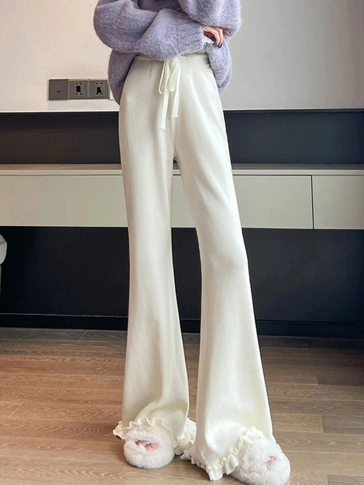 Ruffles Knitted Flare Pant Women High Waist Fashion Loose Fall Winter Trousers Korean Chic Elegant Lady Sweet Solid Pants voguable