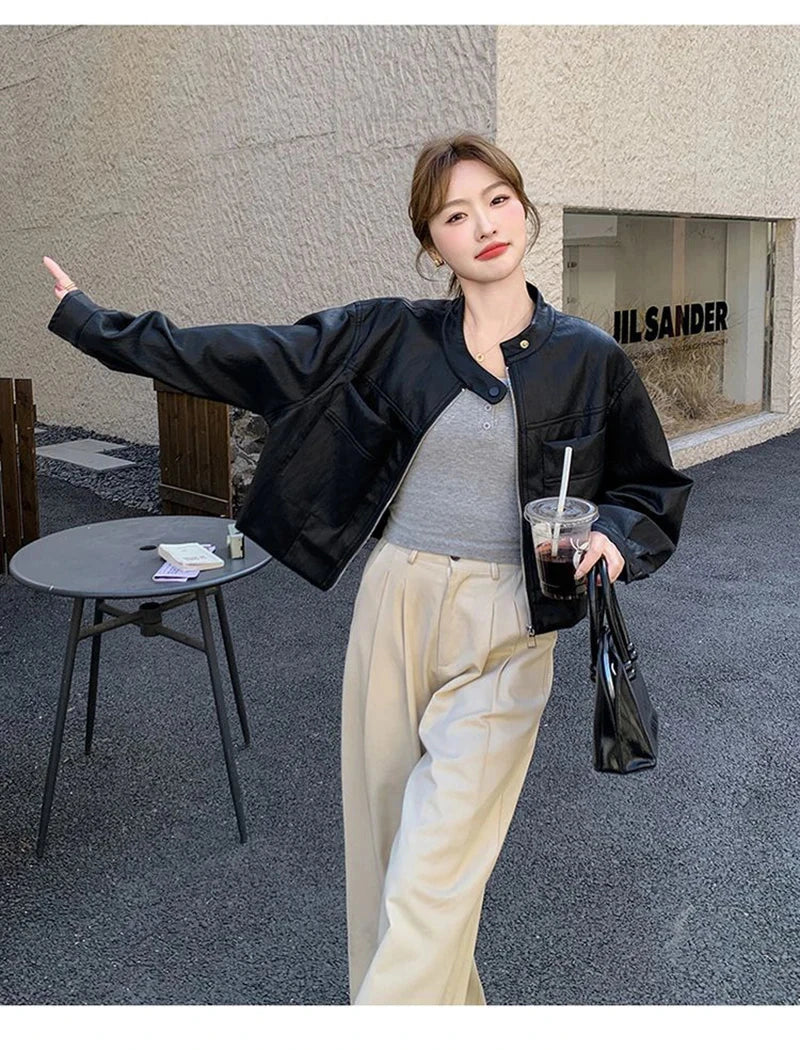 Sweet Biker Pu Jacket Women Vintage Preppy Style Big Pockets Short Coat Casual Korean Long Sleeve Retro O Neck Cute Tops voguable