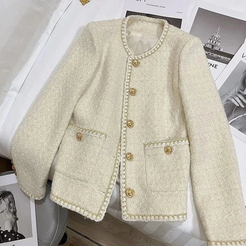 French Sweet Tweed Jacket Women O Neck Elegant Slim Long Sleeve Coat Vintage Casual Single Breasted Female Fall Winter Tops voguable