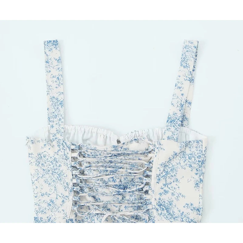 New Women French Style Floral Print Sling Short Dress Lace Up Bandage Back A-line  Summer Dress Holiday Robe voguable