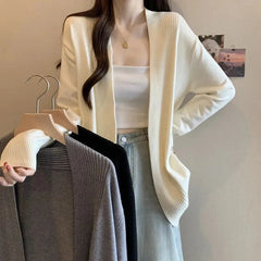 Knitted Women Cardigan Autumn Loose Long Sleeve V Neck Casual Sweater Coat Korean Solid Simple Basic Female All Match Cardigan voguable