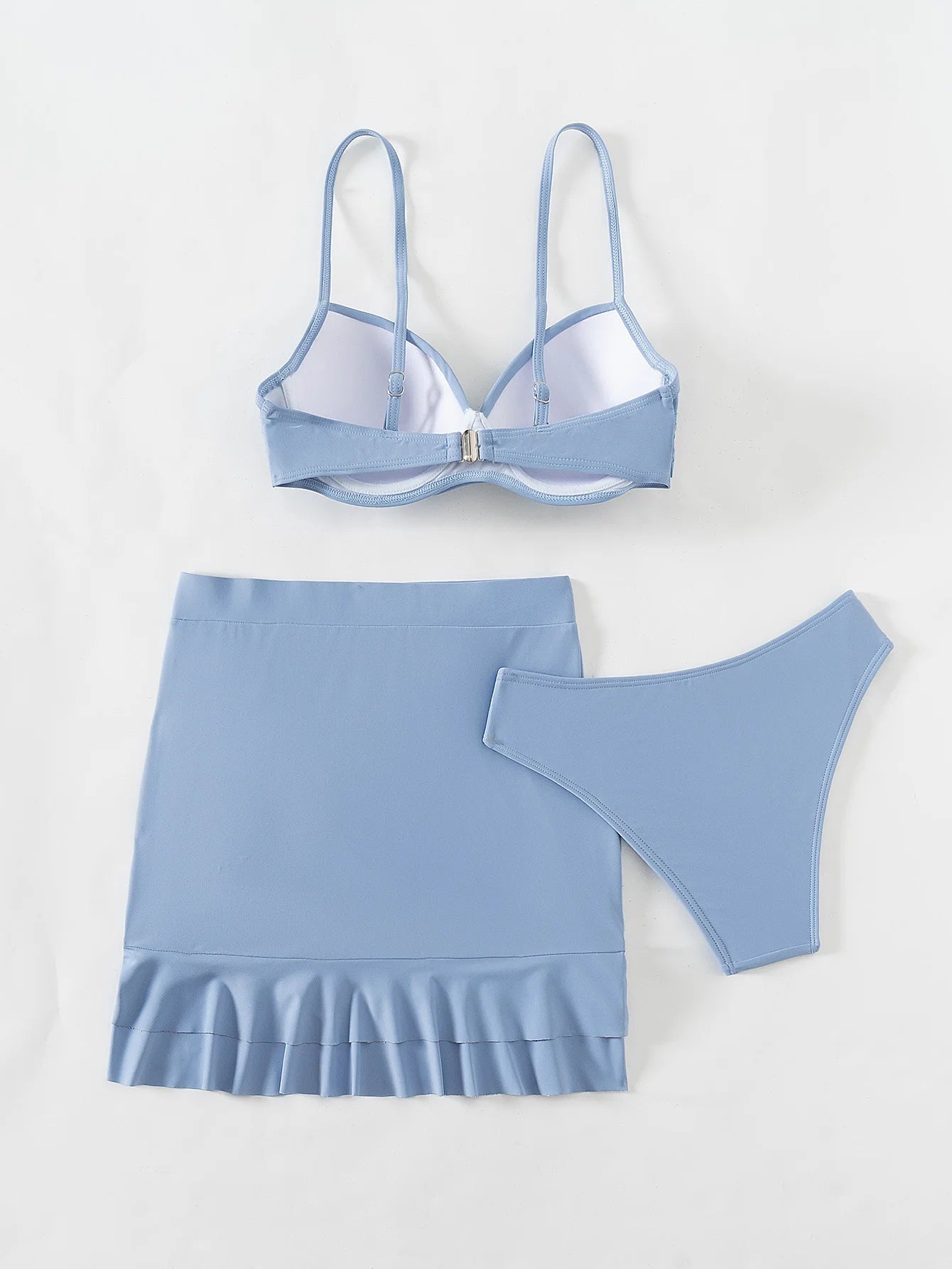 Voguable  Women's Sky Blue Three Piece Swimsuit Solid Color V-neck Underwire Bikini Set Beach Vacation Suspender Backless Swimwear voguable