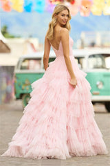 Voguable   Baby Pink Multilayer Prom Dress 2023 Princess Evening Dresses Tulle Sweep Train Party Dresses Sleeveless Robe voguable