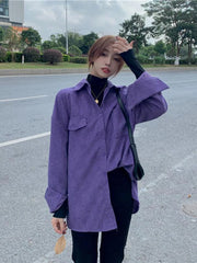 Voguable  Bf Women Corduroy Shirt Long Sleeve Spring Purple Loose Single Breasted Korean Ladies Turn Down Collar Shirt Coat voguable