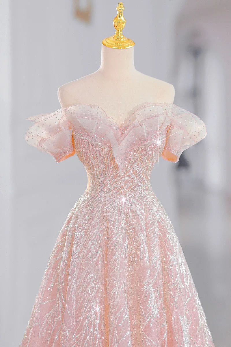 Voguable  New Dream Pink Princess Evening Dress The Bride Is Long and Slim Paillette Sexy Formal Dress Women Elegant Evening Dresses voguable