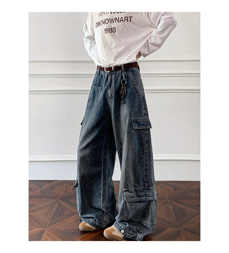 Men Workwear Cargo Jeans New Multi Pocket Loose Straight Leg Baggy Streetwear Denim Pants Urban Casual Trousers 2025 Autumn voguable
