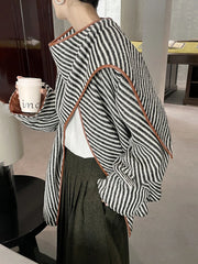 Fashion Women Stripe Wool Jackets Scarf Collar PU Leather Edging Contract Color Loose Shawl Jacket Winter  New voguable