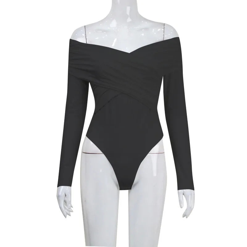 Red Sexy Off Shoulder Women's Bodysuits Fashion Crossed Folds Skinny Rompers Long Sleeve Fashion Streetwear Autumn Bodysuits New voguable